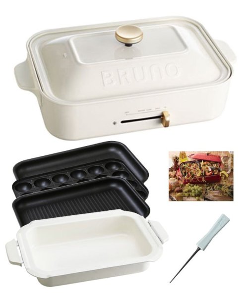 BRUNO(ブルーノ)/コンパクトホットプレート＋セラミックコート鍋＋グリルプレート＋オリジナルたこ焼きピック/ホワイト