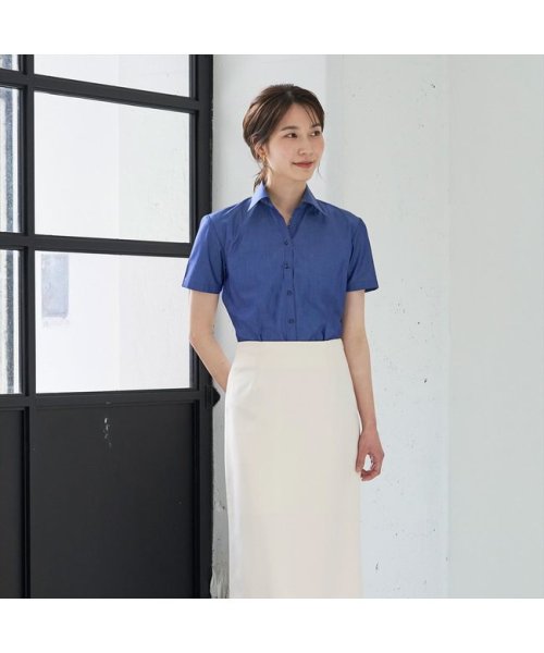 TOKYO SHIRTS(TOKYO SHIRTS)/形態安定 スキッパー衿 半袖 レディースシャツ/ブルー