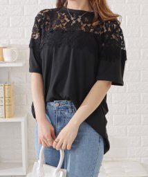 Lace Ladies(レースレディース)/レース切替半袖Tシャツ/ブラック