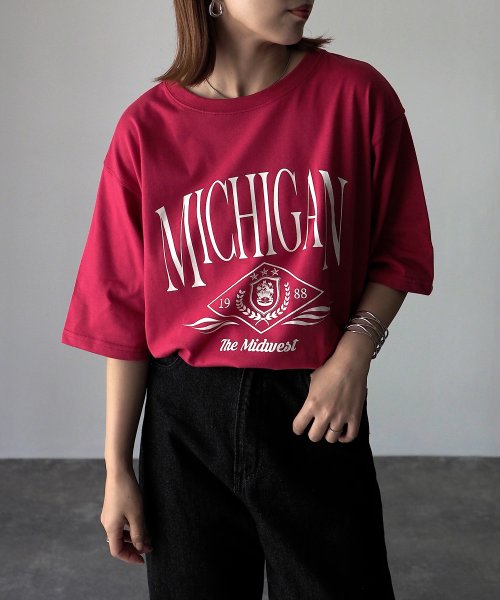 Riberry(リベリー)/MICHIGAN カレッジ pt 半袖BIGTシャツ/マゼンタ