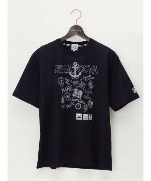 GRAND-BACK(グランバック)/【大きいサイズ】シナコバ/SINA COVA 綿プリント クルーネック  半袖 メンズ Tシャツ カットソー カジュアル インナー ビジネス ギフト プレゼント/ネイビー