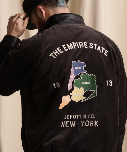 Schott(ショット)/LEATHER COMBI SOUVENIR JACKET N.Y. MAP/レザーコンビ スーベニアジャケット ニューヨークマップ/チャコール