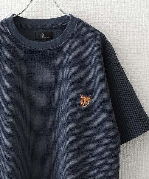 ZIP FIVE(ジップファイブ)/動物刺繍 肉厚ワッフル クルー＆ヘンリー 半袖Tシャツ/ブルー