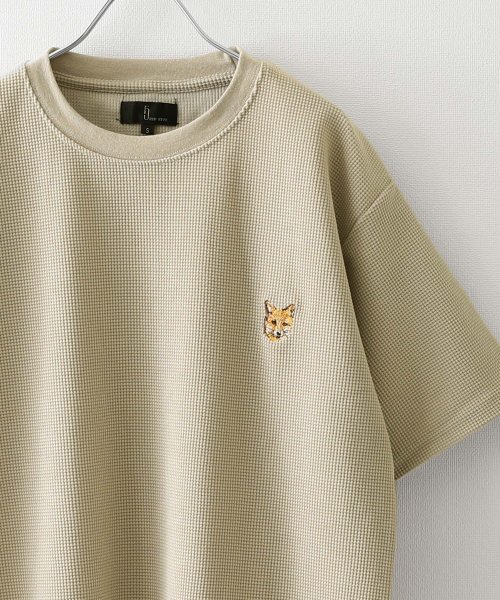 ZIP FIVE(ジップファイブ)/動物刺繍 肉厚ワッフル クルー＆ヘンリー 半袖Tシャツ/ベージュ