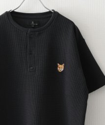 ZIP FIVE(ジップファイブ)/動物刺繍 肉厚ワッフル クルー＆ヘンリー 半袖Tシャツ/ブラック系1