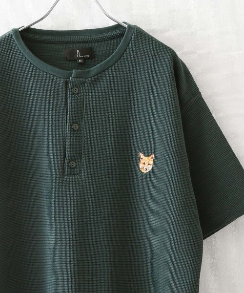 ZIP FIVE(ジップファイブ)/動物刺繍 肉厚ワッフル クルー＆ヘンリー 半袖Tシャツ/グリーン系1