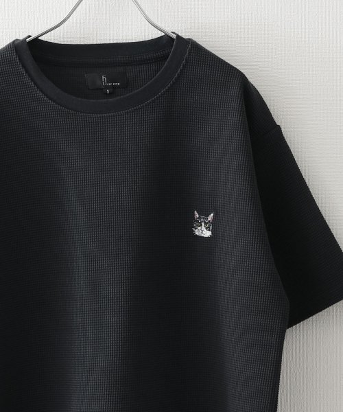 ZIP FIVE(ジップファイブ)/動物刺繍 肉厚ワッフル クルー＆ヘンリー 半袖Tシャツ/ブラック系2