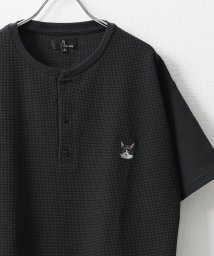 ZIP FIVE(ジップファイブ)/動物刺繍 肉厚ワッフル クルー＆ヘンリー 半袖Tシャツ/ブラック系3