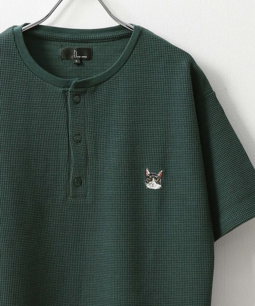 ZIP FIVE(ジップファイブ)/動物刺繍 肉厚ワッフル クルー＆ヘンリー 半袖Tシャツ/グリーン系3