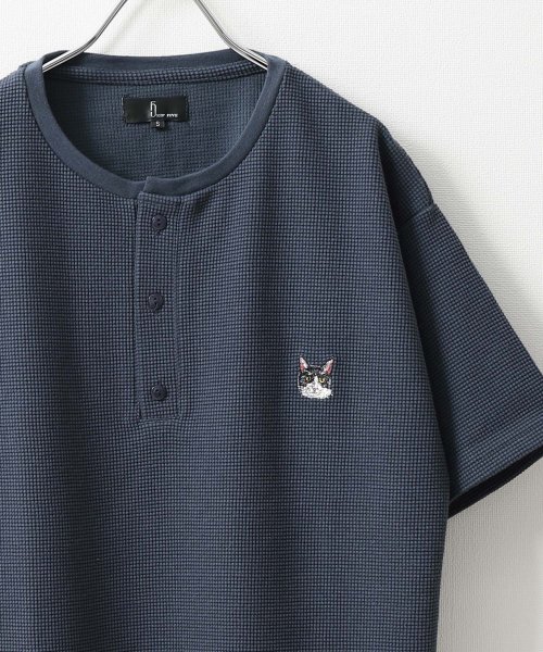 ZIP FIVE(ジップファイブ)/動物刺繍 肉厚ワッフル クルー＆ヘンリー 半袖Tシャツ/ブルー系3