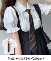 shoppinggo/ブラウス 二点セット ネクタイ付き シャツ ホワイト 襟付き 折り襟 スクール風 無地 制服 半袖シャツ シャツ 団体服 レディース シンプル 学生/505345083