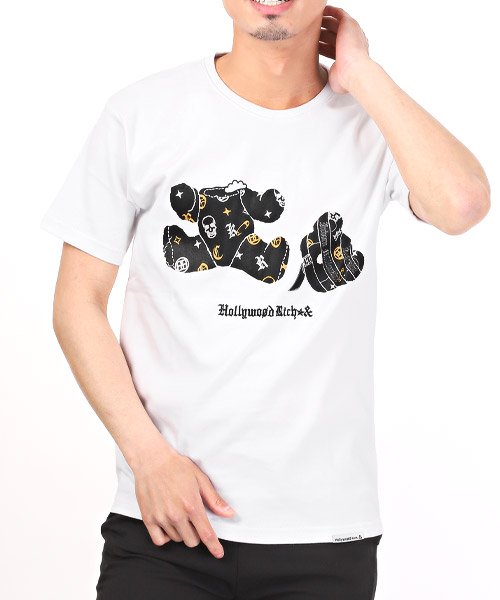 LUXSTYLE(ラグスタイル)/Hollywood rich.&(ハリウッドリッチ)キルザパンクベアプリントTシャツ/Tシャツ メンズ 半袖 プリント テディベア パンク ロゴ 刺繍/ホワイト