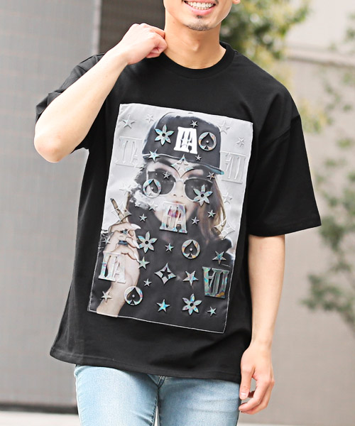 セール】ガールズフォト転写エンボスTシャツ/Tシャツ メンズ 半袖