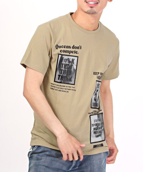 LUXSTYLE(ラグスタイル)/3D加工ワッペンロゴプリントTシャツ/Tシャツ メンズ 半袖 メンズTシャツ ロゴ ワッペン 3D プリント トップス カットソー/ベージュ