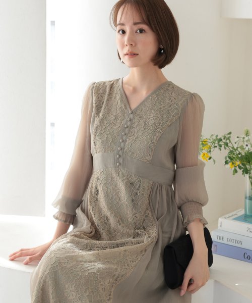 シフォン×レース切り替えワンピース 