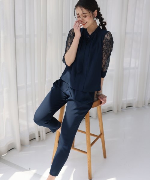 スリーブレース切り替えパンツドレス 二次会 食事会 セレモニー 発表会