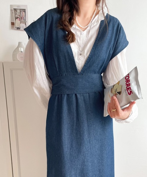 セール】大人のこなれデニム。2way ベルト付 Vネックジャンパー