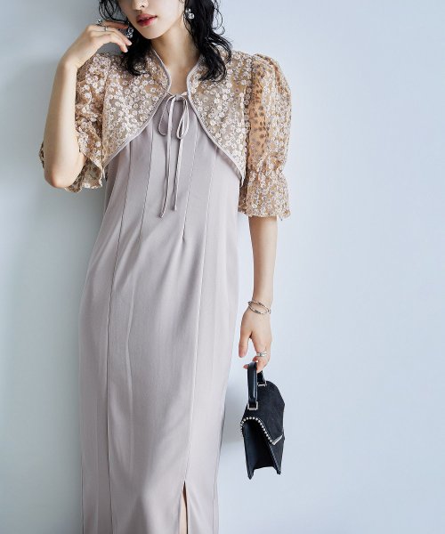 結婚式 ワンピース パーティードレス ボレロ キャミワンピ 2点セット 花柄 刺繍 レース ショート丈 リボン シアー キャンディスリーブ 羽織 ロング丈 Iラ 5cm