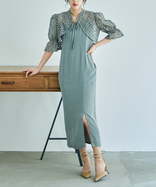 結婚式 ワンピース パーティードレス ボレロ キャミワンピ 2点セット 花柄 刺繍 レース ショート丈 リボン シアー キャンディスリーブ 羽織 ロング丈 Iラ 5cm