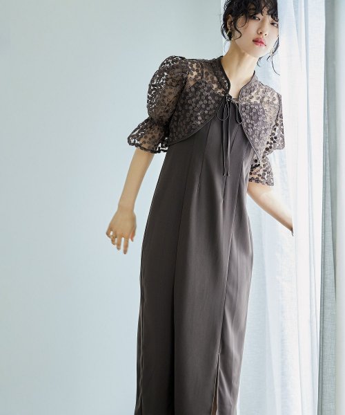 結婚式 ワンピース パーティードレス ボレロ キャミワンピ 2点セット 花柄 刺繍 レース ショート丈 リボン シアー キャンディスリーブ 羽織 ロング丈 Iラ 5cm