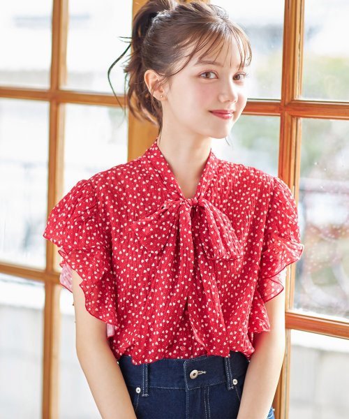 tocco closet(トッコクローゼット)/ボウタイリボンハートドットプリントフリルスリーブブラウス/RED