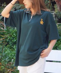 1111clothing(ワンフォークロージング)/ハーフジップ 半袖 メンズ ハーフジップシャツ 半袖 レディース ビッグシルエットTシャツ オーバーサイズ 半袖Tシャツ ワンポイント LA ロゴ 刺繍/グリーン