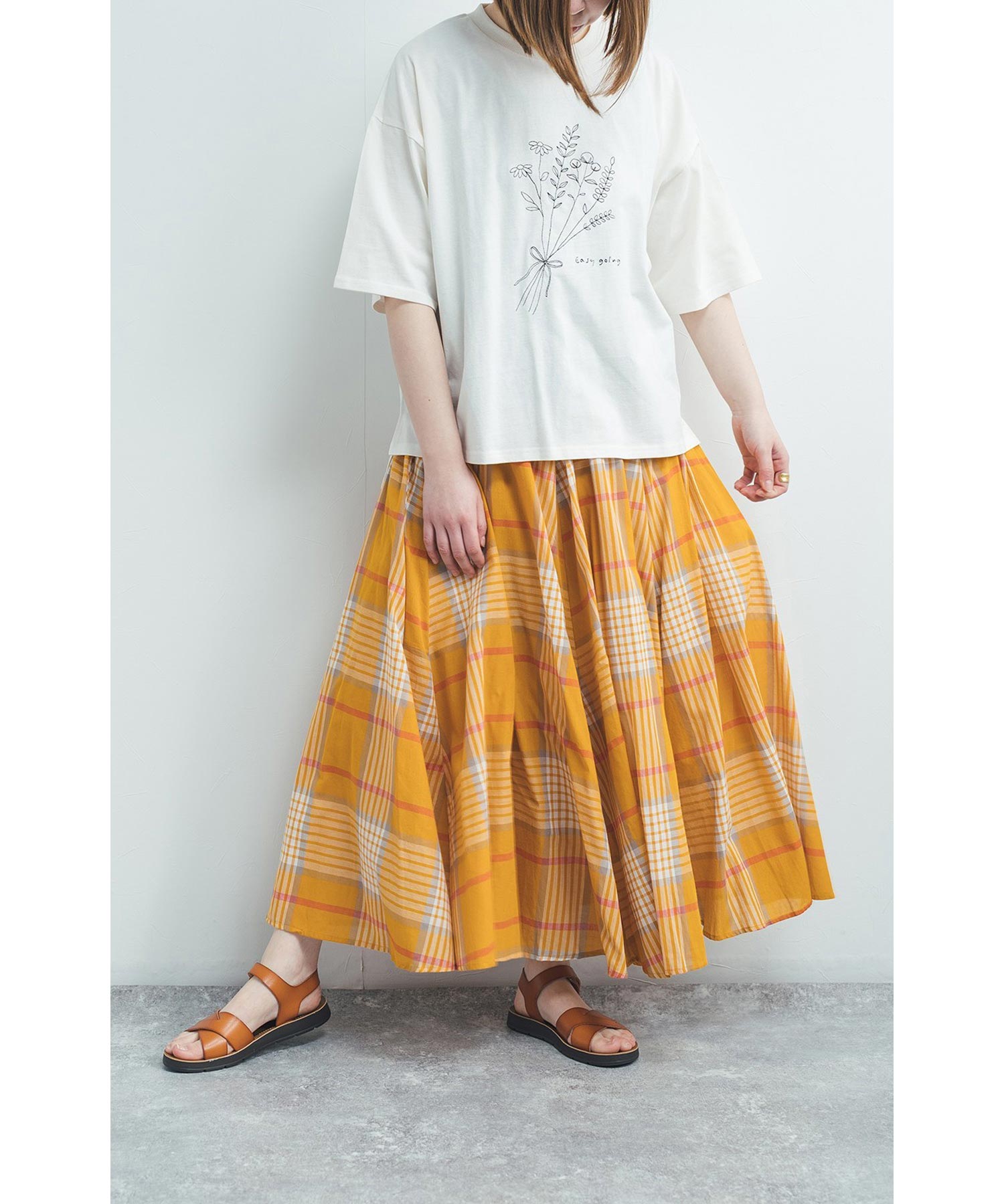 【REJINA PYO】ボイル綿 オレンジ チェック ギャザー ドレス