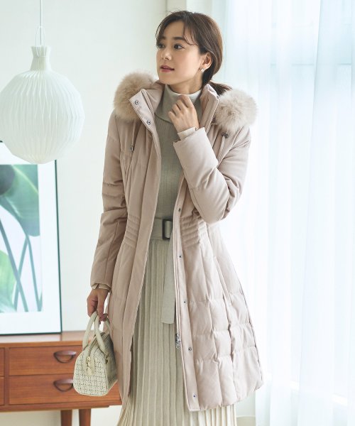 ウエストフィットロングダウンコート「D177」 ポリエステル 100％中　綿 ダウン 80％ フェザー 20％ファー部分 フォックスファー