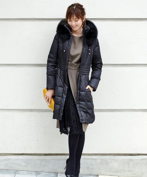 ウエストフィットロングダウンコート「D177」 ポリエステル 100％中　綿 ダウン 80％ フェザー 20％ファー部分 フォックスファー
