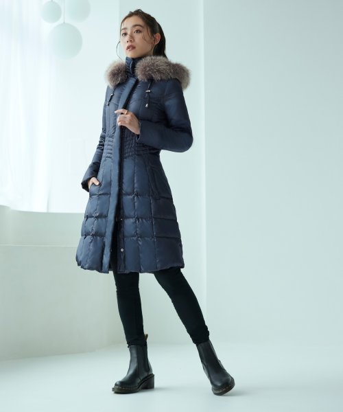 ウエストフィットロングダウンコート「D177」 ポリエステル 100％中　綿 ダウン 80％ フェザー 20％ファー部分 フォックスファー
