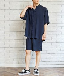 TopIsm(トップイズム)/セットアップ 半袖 バンドカラーシャツ ショーツ 上下セット 無地 半袖シャツ ショートパンツ ハーフパンツ ズボン オーバーサイズ ルームウェアー 男女兼用/ネイビー