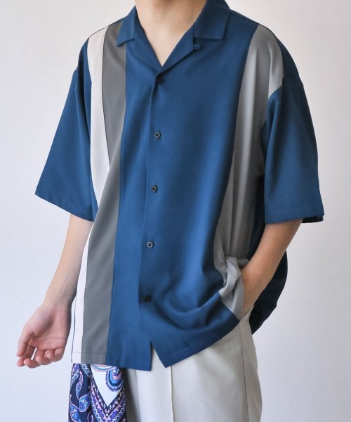 Nilway(ニルウェイ)/パネル切替オープンカラーシャツ/ブルー