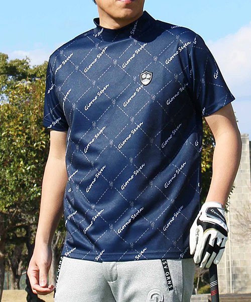 TopIsm(トップイズム)/ゴルフウェア モックネックシャツ メンズ GIORNO SEVEN ジョルノセブン ハイネックTシャツ 半袖 トップス 総柄 ロゴ ストレッチ 吸湿速乾ドライ/ネイビー系1
