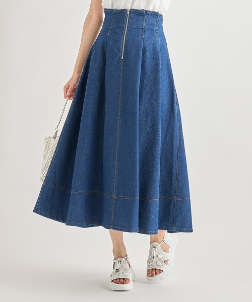 tocco closet(トッコクローゼット)/フロントファスナーステッチ入りコットンタックフレアスカート/Indigo