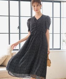 tocco closet(トッコクローゼット)/袖口パール付きドットジョーゼットワンピース/BLACK