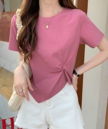 Amulet(アミュレット)/フロントツイスト半袖Tシャツ レディース カットソー ショート丈トップス 半袖 春 夏服 韓国ファッション 10代 20代 30代 カジュアル シンプル クロッ/ピンク