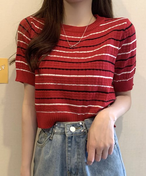 Amulet(アミュレット)/ボーダー半袖ニットトップス レディース ショート丈トップス 春 夏服 韓国ファッション 10代 20代 30代 オフィスカジュアル サマーニット 透け 可愛い/レッド