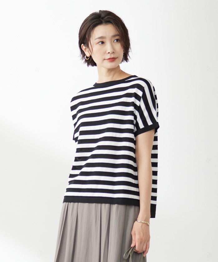 洗える・抗菌防臭】Pattern シャドーボーダー ニット Tシャツ-