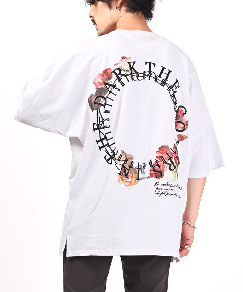 LUXSTYLE(ラグスタイル)/サークルローズ半袖Tシャツ/Tシャツ メンズ 半袖 ビッグシルエット 刺繍 バックプリント 花柄/ホワイト
