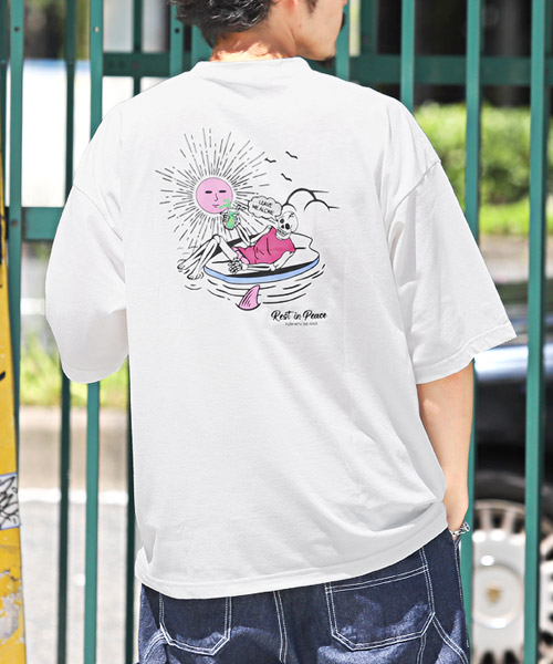 バックプリント刺繍スカル半袖Tシャツ/Tシャツ メンズ 半袖 ビッグシルエット ポケット ロゴ刺繍 スカル イラスト
