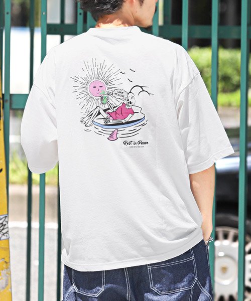 LUXSTYLE(ラグスタイル)/バックプリント刺繍スカル半袖Tシャツ/Tシャツ メンズ 半袖 ビッグシルエット ポケット ロゴ刺繍 スカル イラスト/ホワイト