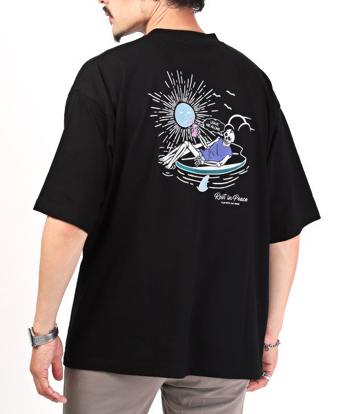 LUXSTYLE(ラグスタイル)/バックプリント刺繍スカル半袖Tシャツ/Tシャツ メンズ 半袖 ビッグシルエット ポケット ロゴ刺繍 スカル イラスト/ブラック