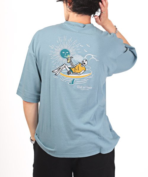 LUXSTYLE(ラグスタイル)/バックプリント刺繍スカル半袖Tシャツ/Tシャツ メンズ 半袖 ビッグシルエット ポケット ロゴ刺繍 スカル イラスト/ブルー
