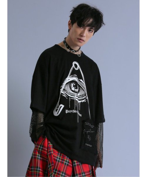 semanticdesign(セマンティックデザイン)/SD×PSYCHONATION フェイクレイヤード メッシュ クルー長袖BIG 半袖 メンズ Tシャツ カットソー カジュアル インナー ビジネス ギフト プレ/ブラック