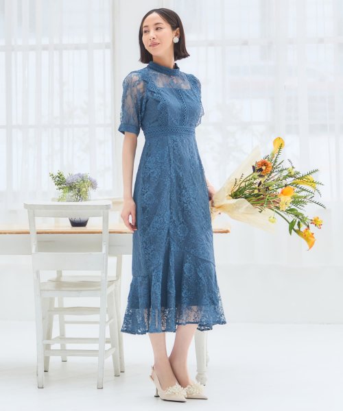 DRESS+(ドレス プラス)/ワンピース ドレス レース タイト 結婚式 5分袖/ブルー