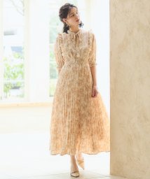 DRESS+(ドレス プラス)/ワンピース 花柄 レトロ柄 半袖 プリーツ ミモレ丈/ベージュ