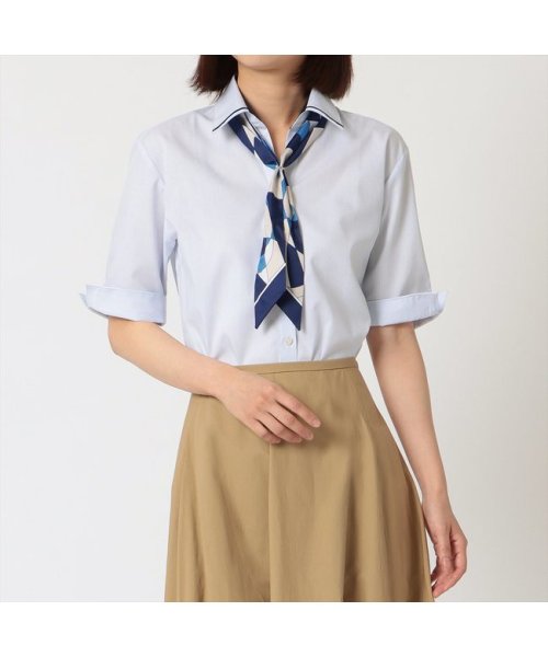 TOKYO SHIRTS(TOKYO SHIRTS)/形態安定 スキッパー衿 五分袖レディースシャツ/ブルー