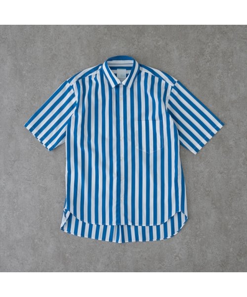 BRICK＆SONS(BRICK＆SONS)/リラックスバックプリーツシャツ半袖＜ブルーレガッタストライプ＞/ブルー
