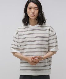 nano・universe(ナノ・ユニバース)/LB.04/透かし編みボーダーニットTシャツ/ホワイト