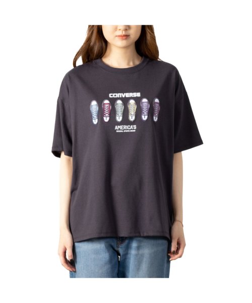 MAC HOUSE(women)(マックハウス（レディース）)/[大きいサイズ] CONVERSE コンバース シューズプリント半袖Tシャツ クイーンサイズ 3285－3724/チャコール